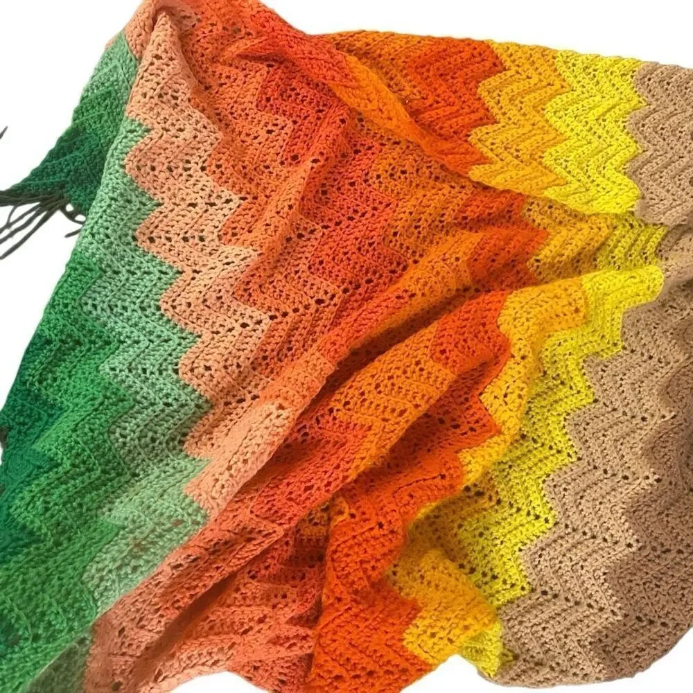 Vintage crochet throw blanket multi color